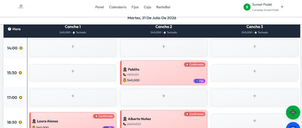 Calendario de turnos con reservas confirmadas y huecos libres